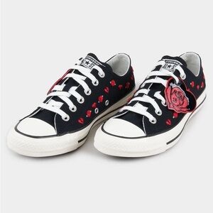 Converse Black Sneakers with Red Heart and Rose Design